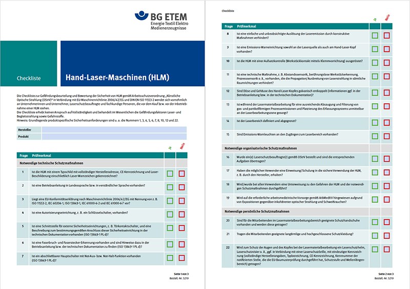 Auszug aus der Checkliste „Hand-Laser-Maschinen“