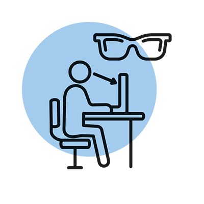 Illustration eines Sehtests und einer Brille als Konzeptsymbol für arbeitsmedizinische Vorsorge