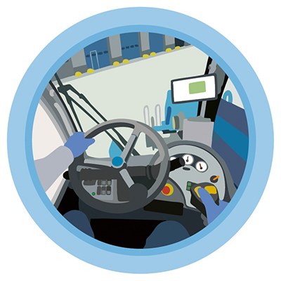 Illustration: Blick aus der Perspektive des Fahrers in das Fahrerhaus einer schweren Baumaschine und hinaus auf ein Betriebsgelände