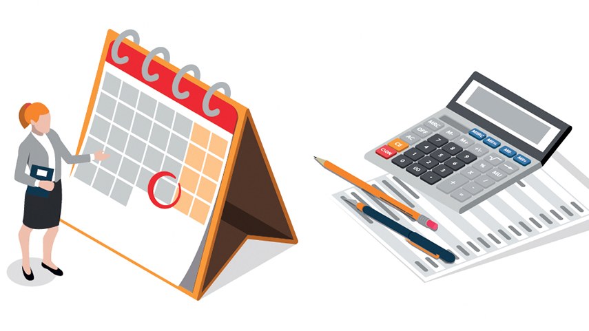 Illustration: Frau steht vor einem überdimensionalen Kalender, neben ihr ein Taschenrechner, Stifte und Formulare, die alle ebenfalls im Vergleich riesig sind