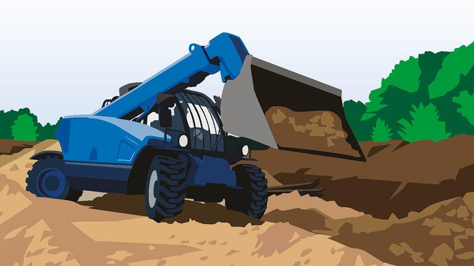 Illustration eines Baggers, dessen Schaufel mit Erdaushub gefüllt ist, auf einer Baustelle.