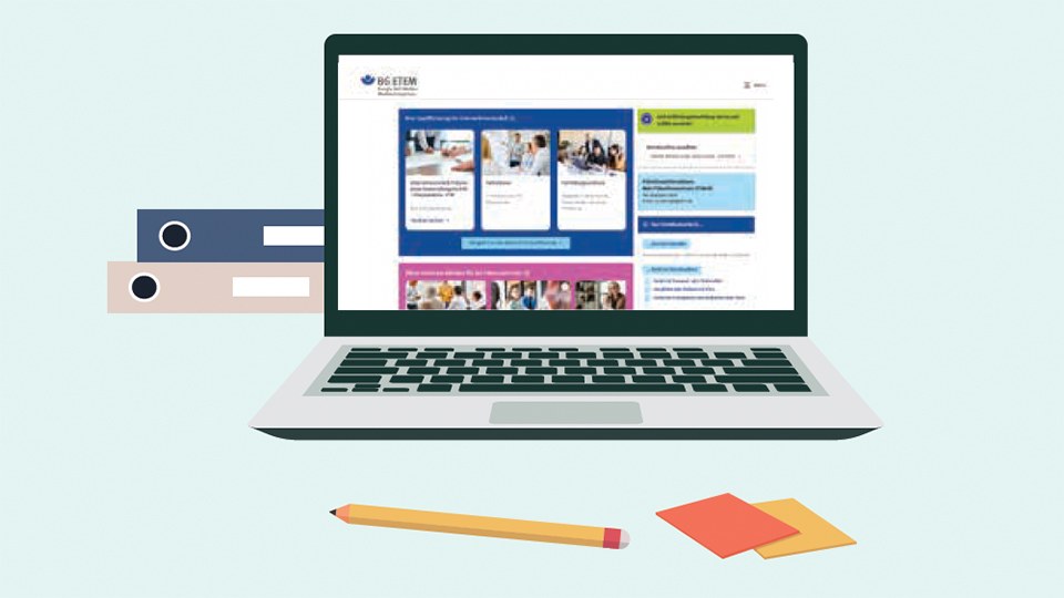 Laptop zeigt die Startseite des Serviceportals Meine BG ETEM, darum liegen Büroutensilien wie Post-Its, ein Bleistift und Ordner.
