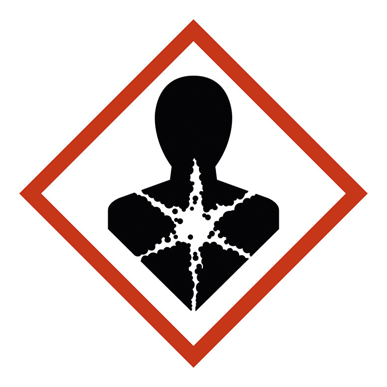 Das rautenförmige, rot umrandete Piktogramm (für "krebserzeugende Gefahrstoffe") zeigt einen schwarzen Torso mit einem weißen Stern in der Mitte vor weißem Hintergrund.