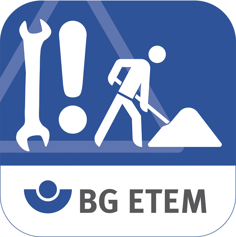Das App-Symbol zeigt in weiß auf blauem Hintergrund von links nach rechts einen Schraubenschlüssen, ein Ausrufezeigen und eine Figur, die eine Schaufel in einen Haufen steckt, darunter auf weißem Hintergrund das Logo der BG ETEM.