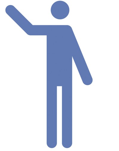 Eine stilisierte blaue Figur gibt ein Handsignal für die Einweisung eines Fahrzeugs: Die Figur hält einen Arm hoch für "Achtung".