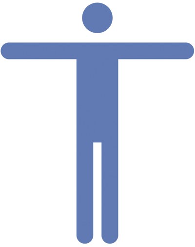 Eine stilisierte blaue Figur gibt ein Handsignal für die Einweisung eines Fahrzeugs: Die Figur streckt die Arme zur Seite für "Halt".