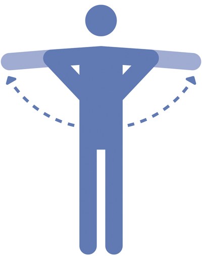 Eine stilisierte blaue Figur gibt ein Handsignal für die Einweisung eines Fahrzeugs: Die Figur winkelt und streckt die Arme seitlich für "Halt - Gefahr".