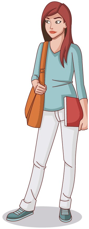Illustration jugendliche Schülerin mit Schultasche und Buch unter dem Arm.