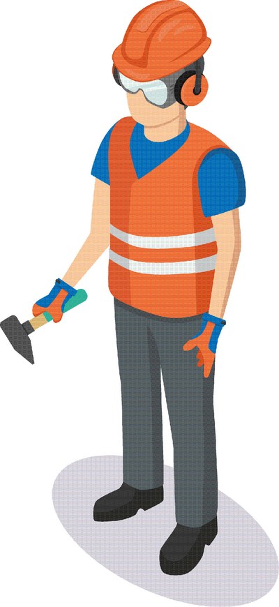 Illustration eines Arbeitnehmers in Persönlicher Schutzausrüstung mit Helm, Schutzbrille, Gehörschutz, Sicherheitsweste, Handschuhen und Sicherheitsschuhen.