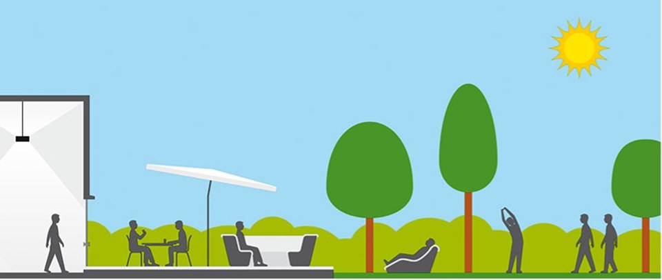 Illustration, die verschiedene Situationen im Arbeits- und Pausen-Umfeld zeigt, unter freiem Himmel und auch innerhalb von Gebäuden.