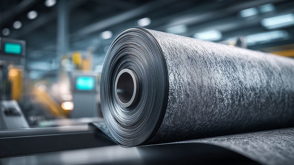 Rolle mit dunklem Vliesstoff, im Hintergrund unscharf eine Produktionshalle