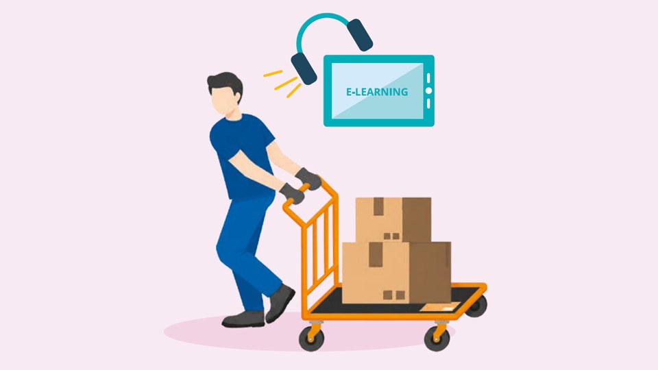 Illustration: ein Arbeiter zieht einen beladenen Plattformwagen, darüber ein Tablet mit der Aufschrit E-Learning und ein Kopfhörer