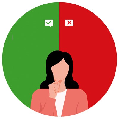 Illustration: senkrecht geteilter Kreis mit grüner und roter Hälfte; in der unteren Hälfte eine Frau, die nachdenklich einen Finger ans Kinn legt