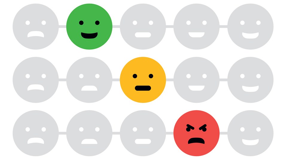 Illustration: mehrere Reihen von Smileys mit verschiedenen Ausdrücken von fröhlich bis zornig