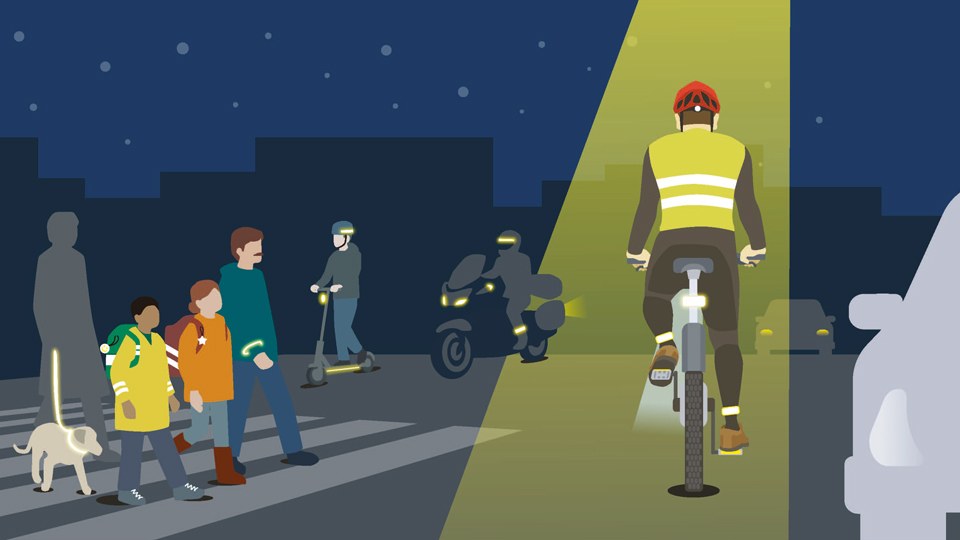 Illustration: unterschiedliche Verkehrsteilnehmerinnen und -teilnehmer bei Dunkelheit