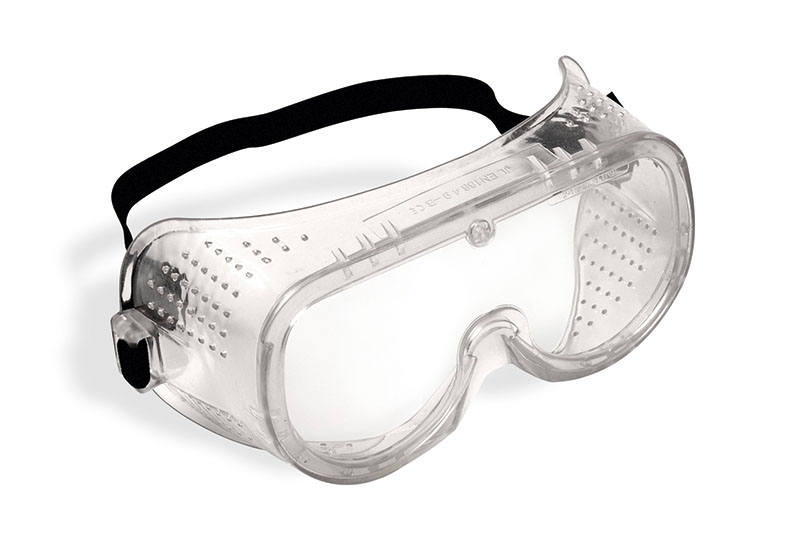 Das Bild zeigt eine transparente Schutzbrille mit schwarzem Halteband.