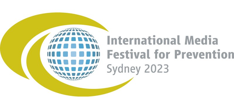 Logo International Media Festival for Prevention Sydney 2023 in blau und senfgrün.