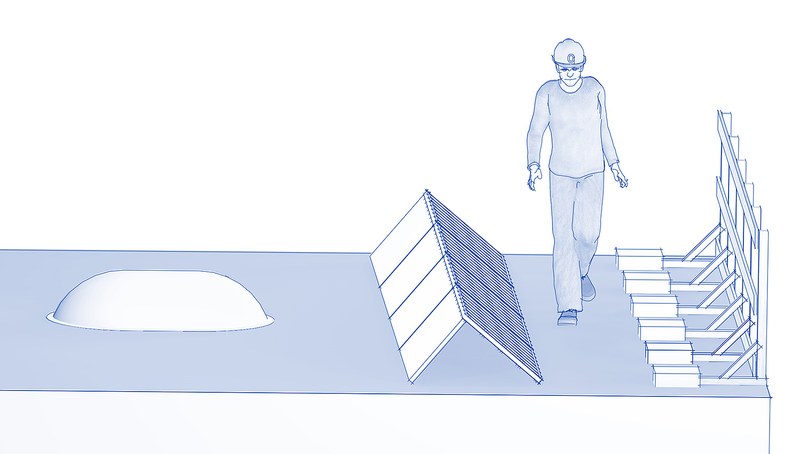 Illustration: Ein Mann mit Helm läuft auf einem Dach mit Solarmodulen.