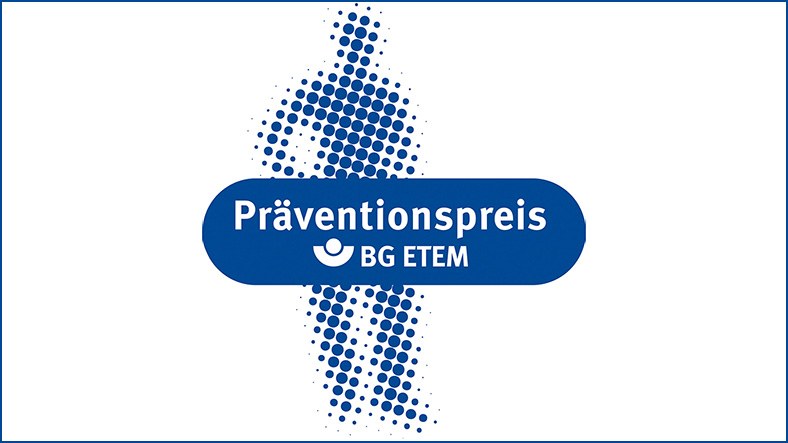 Logo Präventionspreis: Figur aus blauen Punkten mit Banderole, Text: Präventionspreis BG ETEM.