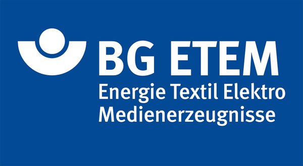 Logo der BG ETEM Energie Textil Elektro Medienerzeugnisse in weiß auf blauem Grund.