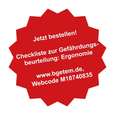 Roter Stern mit Text "Jetzt bestellen! Checkliste zur Gefährdungsbeurteilung: Ergonomie" und Link.