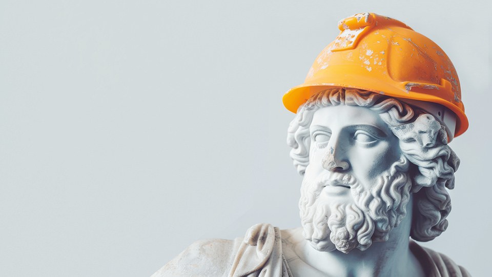 Marmorbüste des griechischen Gottes Zeus mit orangefarbenem Baustellenhelm