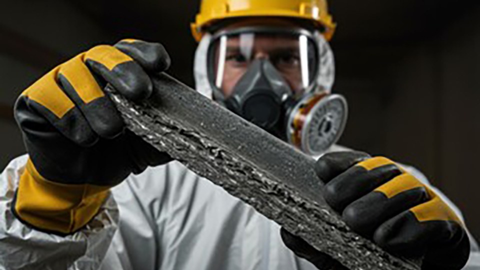 Bauarbeiter, der Asbest sicher handhabt; er trägt die volle Schutzkleidung mit weißem Overall, gelben Handschuhen und Helm sowie Atemmaske mit Filtern