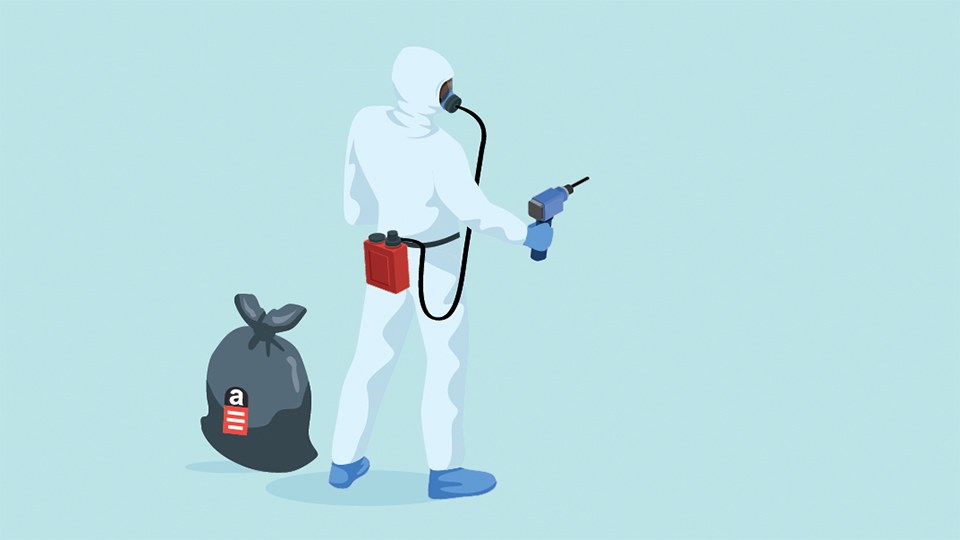 Illustration eines Arbeiters im weißen Schutzoverall, der zusätzlich eine Atemmaske mit Absaugung trägt und eine Bohrmaschine hält; neben ihm steht ein schwarzer Müllsack, auf den ein a für Asbest aufgedruckt ist.