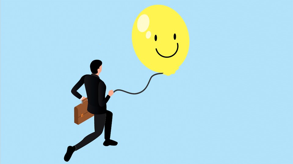 Illustration eines laufenden Mannes im Anzug; in der linken Hand hält er eine Aktentasche, in der rechten die Schnur eines übergroßen gelben Luftballons mit Smiley.