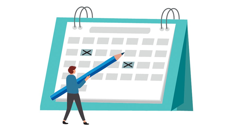 Illustration einer Person mit einem überdimensionalen Bleistift, die auf einem riesigen Tischkalender Termine ankreuzt