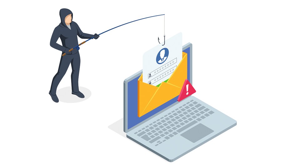 Illustration eines Phishing-Versuchs: Ein Mann mit Kapuzenpullover und Angel zieht ein Papier mit persönlichen Informationen aus einem Briefumschlag, der vor dem Display eines Laptops zu sehen ist.